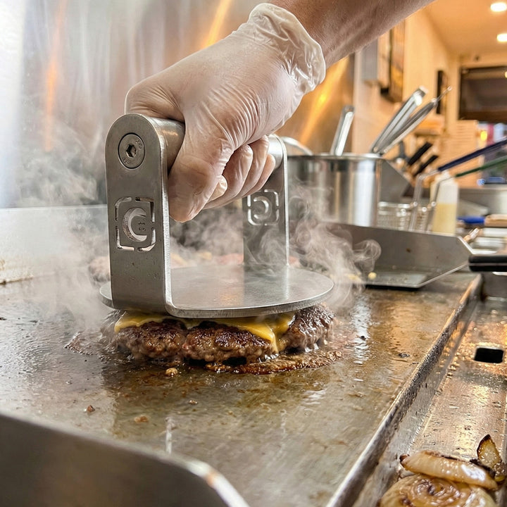 Chef using a GymPin stainless steel burger press to smash a cheeseburger patty on a hot griddle, with steam rising during cooking.